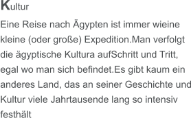 Kultur Eine Reise nach Ägypten ist immer wieine kleine (oder große) Expedition.Man verfolgt die ägyptische Kultura aufSchritt und Tritt, egal wo man sich befindet.Es gibt kaum ein anderes Land, das an seiner Geschichte und Kultur viele Jahrtausende lang so intensiv festhält